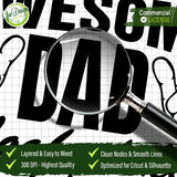 Close-up view under a magnifying glass showing the smooth edges and professional typography of the Awesome Dad SVG, highlighting the 300 DPI high-resolution quality for crisp printing.