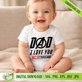  An adorable baby wearing a white bodysuit printed with the "Dad I Love You Three Thousand" superhero design.