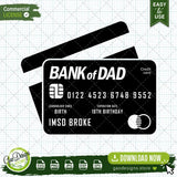  High-quality black and white Bank of Dad SVG vector graphic isolated on a transparent grid background. This clear digital download preview highlights the complete Imso Broke credit card clip art, ready for instant import into Silhouette Studio, Cricut Design Space, or sublimation printing software.