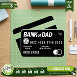 The Bank of Dad SVG cut file displayed on a green Cricut cutting mat alongside precision weeding tools. This visual demonstrates the digital design's practical application for vinyl crafting, showing DIY makers how easily this funny Father's Day project translates to a physical Silhouette or Cricut machine workspace.