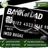 A magnifying glass zooming in on the Bank of Dad SVG to reveal crisp typography and incredibly smooth vector lines. This detailed view highlights the premium quality of the digital file, emphasizing that the layered design features clean nodes, 300 DPI high resolution, and is perfectly optimized for effortless weeding.