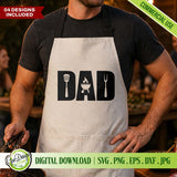 A father at a BBQ party wearing a light-colored apron with the Dad grilling design. This lifestyle mockup highlights the design's suitability for cooking-themed gifts and Father's Day celebrations.