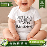 A smiling baby wearing a white onesie with the Best Baby in the Seven Kingdoms SVG cut file, ideal for small business owners selling handmade infant clothing.