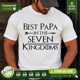 Close-up of a man wearing a white t-shirt featuring the Best Papa in the Seven Kingdoms SVG design, showcasing how the typography looks on a finished adult garment.