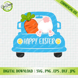 Illustrative flat element view on a white graph paper background showing the key components: the front of a light blue vintage truck, loaded with a large orange carrot and a white bunny rear view with detailed pink paws; white text on the bumper reads "HAPPY EASTER"