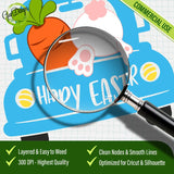 Illustrative close-up view through a magnifying glass focusing specifically on the stylized white text "HAPPY EASTER" and the pink bunny footpads on the truck design; graph paper background with technical features green banner at bottom listing quality details