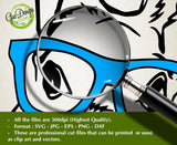 Illustrative close-up view through a magnifying glass focusing specifically on one eye and the blue glasses rim of the black line art male bunny face; kraft paper background with dark green technical features banner listing quality details