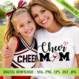 Mother and daughter wearing cheer mom shirt and cheerleader uniform, matching game day outfit with Cheer Mom SVG design