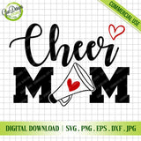 Cheer Mom SVG digital download file preview on grid background, includes SVG PNG EPS DXF JPG formats for Cricut