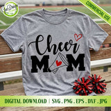 Cheer Mom SVG design on gray t-shirt mockup at stadium, game day cheerleader mom shirt with megaphone and heart