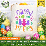 Mockup of a canvas tote bag featuring "Chillin' with my peeps" Easter bunny design in purple, green, and pink.