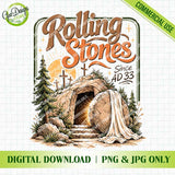 Christian Easter Rolling Stones PNG design featuring empty tomb and three crosses - GaoDesigns