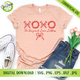 Pink t-shirt with "The Original Love Letters" religious quote and red bow, meaningful Valentine outfit.