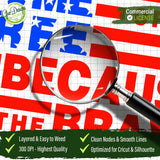 Magnifying glass close-up of the Home of the Free Because of the Brave SVG showing clean nodes and smooth lines. Highlights the easy-to-weed, high-resolution 300 DPI PNG quality optimized for flawless vinyl cutting and crafting.