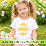 White t-shirt mockup featuring a blue chevron and stripe patterned Easter egg design