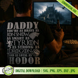 A man wearing a black "Daddy" Game of Thrones shirt in a living room setting, perfect gift idea for Dads who love the GOT series.