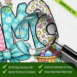 Close-up magnifying glass view highlighting the crisp floral textures and vibrant 300 DPI quality of the Coquette Easter design