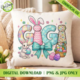 Decorative pillow mockup displaying the "Easter Gigi" design with soft spring patterns and  blue bow, cute bunny and colorful Easter eggs