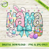 Digital file preview of the "Easter Mama" sublimation design on a white wooden background, clearly indicating that high-quality PNG and JPG formats are included