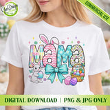 White t-shirt mockup featuring the "Easter Mama" design with spring patterns  blue bow, cute bunny and colorful Easter eggs