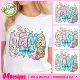 Preview of the Coquette Easter PNG bundle with four vintage floral and retro patterned designs for Mama, Mini, Nana, and Gigi, all with pink bows
