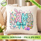 Square white throw pillow mockup featuring the trendy "Easter Mama" design with a large pink bow, styled with a ceramic bunny and colorful Easter eggs on a clean background