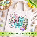 Canvas tote bag mockup printed with the coquette aesthetic "Easter Mama" sublimation design, surrounded by pink spring flowers and decorative pastel eggs