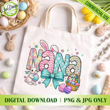 Canvas tote bag mockup featuring the "Easter Nana" retro patterned design with a blue bow, cute bunny and colorful Easter eggs