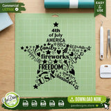 A green vinyl cutting mat displaying the 4th of July star typography design with professional weeding tools and a scraper nearby. This mockup highlights the clean cutting lines of the SVG file, making it an ideal choice for crafters using Cricut or Silhouette machines for their Independence Day DIY projects.