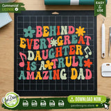 The retro wavy dad design displayed on a black cutting mat with weeding tools, highlighting the easy-to-cut features of the SVG file for Cricut and Silhouette users making custom vinyl shirts.