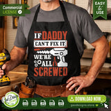 custom-handyman-apron-design-if-daddy-cant-fix-it-svg-gift-idea Alt Text: Creative mockup of the If Daddy Can't Fix It SVG applied to a black workshop apron, showing how crafters can use this design for unique DIY dad gifts and workshop gear.