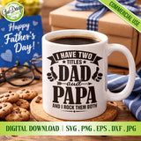 White coffee mug featuring Dad and Papa SVG design next to a "Happy Father's Day" card and cookies.