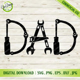 Digital download preview of the "DAD" tool design on a white wood background, including SVG, PNG, EPS, DXF, and JPG formats.