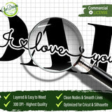A detailed close-up of the Dad I Love You SVG design under a magnifying glass, proving the clean nodes, smooth paths, and 300 DPI high-resolution quality for professional-grade printing and cutting.