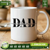 A high-quality product mockup of the I Love You Dad SVG design applied to a white ceramic coffee mug, showcasing how small business owners can create personalized Father's Day merchandise.