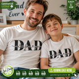 A heartwarming lifestyle mockup showing a smiling father and son wearing matching white t-shirts with the Dad I Love You SVG design, perfect for Father's Day family apparel and DIY gift inspiration.