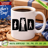 A white ceramic coffee mug on a cozy wooden table featuring a sentimental Dad Life silhouette design. Perfect for Father's Day sublimation projects and custom morning coffee cups.