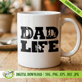 Dad Life SVG graphic applied to a ceramic mug mockup, demonstrating a perfect sublimation design for personalized Father's Day gifts and morning coffee mugs.