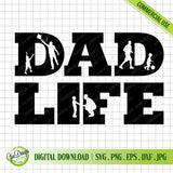 High-quality Dad Life SVG digital download design featuring father and son silhouettes playing soccer and flying a kite, perfect for DIY crafts and Father's Day gift projects.