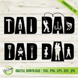 Four high-quality Father's Day word art designs for DAD featuring detailed silhouettes of fishing, tools, grilling, and family moments in SVG and PNG formats for custom gift making.