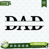 Clean black Dad split monogram SVG template with a blank center space for adding custom names or dates, shown on a professional grid background.