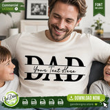 A happy father wearing a custom white t-shirt with a Dad split monogram design while laughing with his two children at home, perfect for Father's Day gift inspiration.