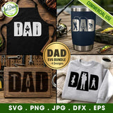 A 4-in-1 Dad SVG bundle featuring fishing, BBQ, tools, and family silhouettes. The mockup displays the designs on an apron, tumbler, wooden sign, and sweatshirt to inspire Father's Day DIY gift ideas.