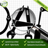 A close-up view through a magnifying glass showing the clean nodes and smooth lines of the DAD tool SVG, optimized for Cricut and Silhouette cutting machines.