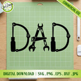 black "DAD" graphic design created from mechanic tools like wrenches and screwdrivers, displayed on a green cutting mat for DIY projects.