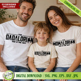 A happy family wearing matching Dadalorian Momalorian and Kidalorian t-shirts, perfect for Father's Day or family trips.
