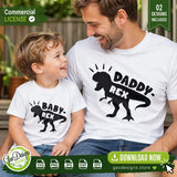 Realistic mockup photograph of a smiling father and son wearing matching white t-shirts. The father's shirt features the Daddy-Rex T-Rex silhouette design, and the son's features the Baby-Rex T-Rex design. They are sitting together, looking happily at each other. The Commercial License badge and Gao Designs Store branding are visible.
