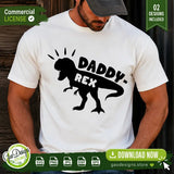 Detailed mockup close-up of a man wearing a white t-shirt with the larger Daddy-Rex T-Rex silhouette design printed on it. The design is black, showing a roaring dinosaur with three radiant lines above its head. The commercial license and 02 Designs Included details are visible. Gao Designs Store branding included.