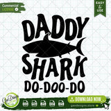 A clean, black Daddy Shark Do-Doo-Do vector design displayed over a grid background, showcasing the high-quality digital download formats including SVG, PNG, and EPS for commercial use crafting and apparel creation.