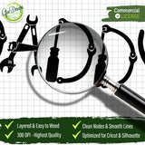 Close-up view of the Daddy tools design under a magnifying glass highlighting clean nodes, smooth lines, and 300 DPI high-resolution quality for professional printing.